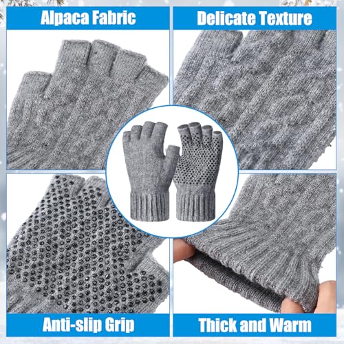 Geyoga 2 Pairs Wool Fingerless Fishing Gloves for Men Women Anti-Slip with Grip Dots Warm Winter Fly Ice Fishing Gloves - color: Black and Gray, style: Fingerless