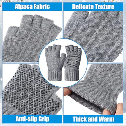 Geyoga 2 Pairs Wool Fingerless Fishing Gloves for Men Women Anti-Slip with Grip Dots Warm Winter Fly Ice Fishing Gloves - color: Black and Gray, style: Fingerless