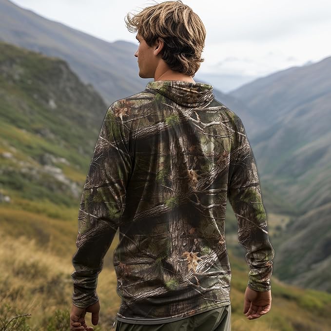 Palmyth Hunting Hoodie with Mask for Men Sun Protection Camo Fishing Shirts | UPF 50+, Mask Neck Gaiter, Quick Dry, 2 Zipper Pockets, Side Mesh Vent, Thumb Loops, Moisture Wicking, Stretchy, Breathable - color: Camo-2, size: Large