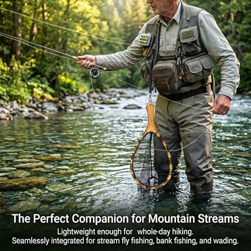 Floating Handcrafted Bamboo Fly Fishing Landing Net, Solid Wood Handle, Soft Rubber Coated Mesh for Trout, Kayak & Stream Fishing, Includes Magnetic Release & Safety Lanyard - size: Large, style: Straight Handlebar