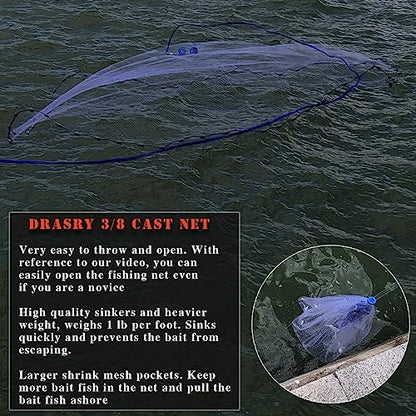 Drasry Saltwater Fishing Cast Net 3/8 and 1/4 Mesh with Heavy Duty Gray Sinker American Monofilament Fish Throw Net for Bait Trap 3FT 4FT 5FT 6FT 7FT 8FT 9FT Radius - size: 5FT Radius, style: 3/8 Mesh 1 Lb/Ft