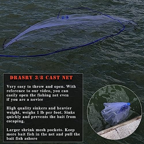 Drasry Saltwater Fishing Cast Net 3/8 and 1/4 Mesh with Heavy Duty Gray Sinker American Monofilament Fish Throw Net for Bait Trap 3FT 4FT 5FT 6FT 7FT 8FT 9FT Radius - size: 4FT Radius, style: 3/8 Mesh 1 Lb/Ft