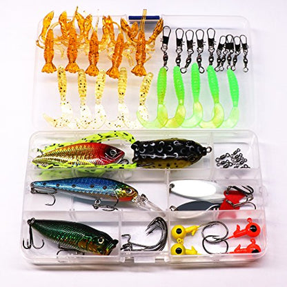 Fishing Lure Set Fishing Spoons Frog Lures Soft Hard Metal Lure Crank Popper Minnow Pencil Jig Hook for Trout Bass Salmon with Tackle Box - color: 53PCS Lures