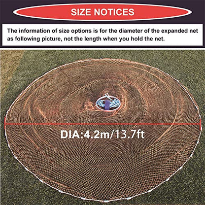 Cast Fishing Net with Aluminum Frame, 0.8 inch Mesh, 7.8-13.8 ft Diameter - color: Brown Braided Fishing Line, size: Dia: 13.8FT (metal sinker)