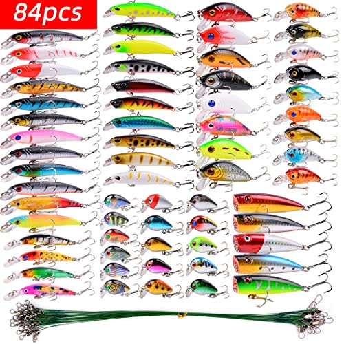 Aorace Fishing Lures Kit Mixed Including Minnow Popper Crank Baits with Hooks for Saltwater Freshwater Trout Bass Salmon Fishing - color: Item-F 84pcs