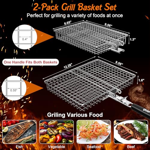 Grill Baskets for Outdoor Grill, 2PCS BBQ Grilling Basket with Removable Wooden Handle, Stainless Steel Camping Cooking Grill Accessories for Meat Fish Vegetable Seafood, Gifts for Men Dad Husband (Silver)