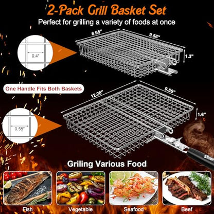 Grill Baskets for Outdoor Grill, 2PCS BBQ Grilling Basket with Removable Wooden Handle, Stainless Steel Camping Cooking Grill Accessories for Meat Fish Vegetable Seafood, Gifts for Men Dad Husband (Silver)