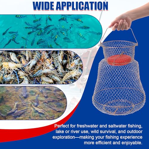 NYXOVA 2 Pack Floatable Galvanized Steel Wire Fish Basket, Portable Fishing Basket Fishing Net Cage, Durable Collapsible Fishing Net, Easy to Use