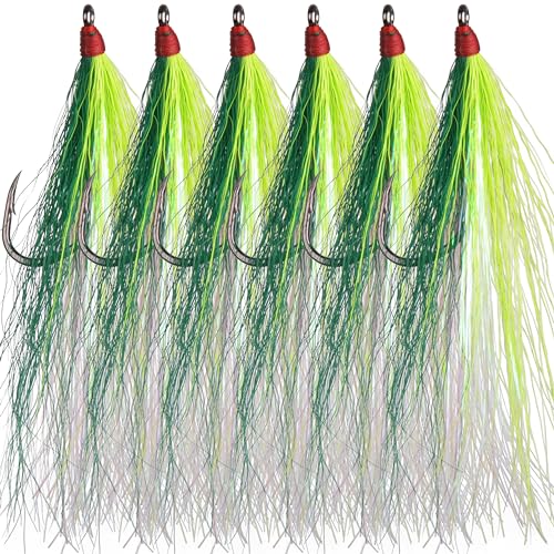 Bucktail Teasers Fishing Hooks Saltwater Flounder Rig Bucktail Mylar Teasers Inserted Fishing Teaser Hooks for Jigs Spoons Lures Hi/Lo Rig Striped Bass Bluefish Flounder Surf Bottom Fishing - color: Yellow-green, size: 6pcs