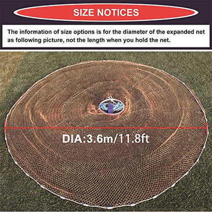 Cast Fishing Net with Aluminum Frame, 0.8 inch Mesh, 7.8-13.8 ft Diameter - color: Brown Braided Fishing Line, size: Dia: 11.8FT (metal sinker)