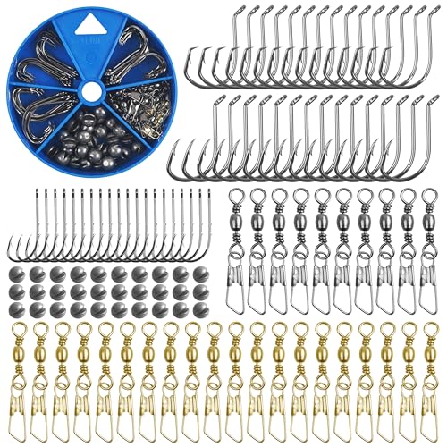 Fishing Hooks and Sinkers Assortment 110pcs Snap Swivels Octopus Circle Hooks Sinkers Bobbers Assortment Fishing Terminal Tackle Starter Kit