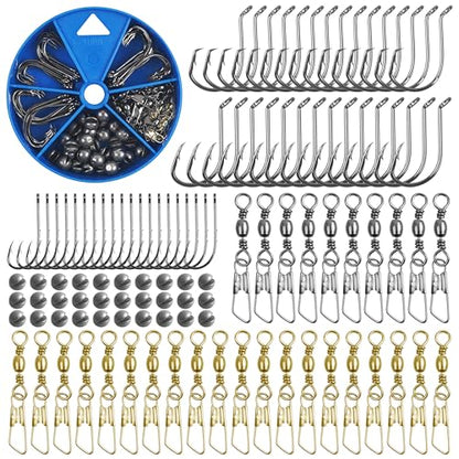 Fishing Hooks and Sinkers Assortment 110pcs Snap Swivels Octopus Circle Hooks Sinkers Bobbers Assortment Fishing Terminal Tackle Starter Kit