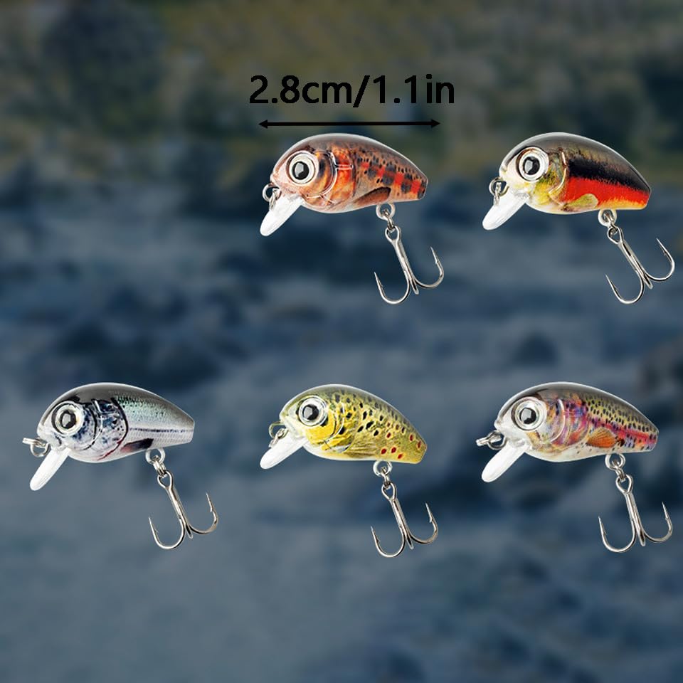 5 Pcs Mini Fishing Crankbaits Kit,Realistic 3D Eyes Floating Swimbait for Bass, Trout, Perch, Walleye,with Tackle Box