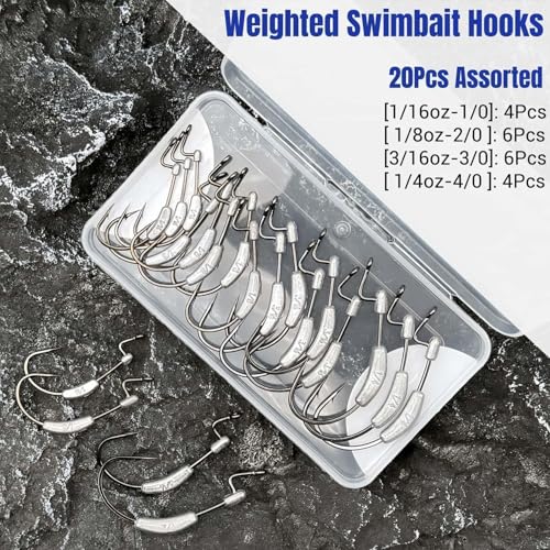 20Pcs Weighted Bass Fishing Hooks Set, Customized Swimbait Hooks Wide Gap Weedless Worm Fish Hook with Molded Bait Keeper 1/0 2/0 3/0 4/0 - size: Size Assorted