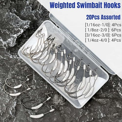 20Pcs Weighted Bass Fishing Hooks Set, Customized Swimbait Hooks Wide Gap Weedless Worm Fish Hook with Molded Bait Keeper 1/0 2/0 3/0 4/0 - size: Size Assorted