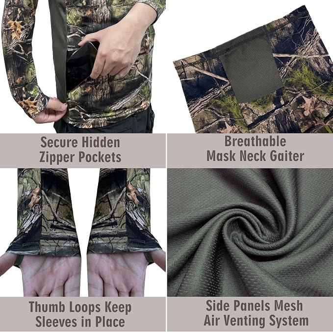 Palmyth Hunting Hoodie with Mask for Men Sun Protection Camo Fishing Shirts | UPF 50+, Mask Neck Gaiter, Quick Dry, 2 Zipper Pockets, Side Mesh Vent, Thumb Loops, Moisture Wicking, Stretchy, Breathable - color: Camo-2, size: Large