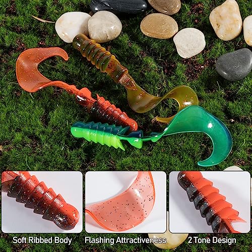 Dr.Fish 10 Pack Grub Fishing Lures 4" Soft Plastic Baits Worm Grub Bass Fishing Lures Swimbait Walleye Saltwater Freshwater - color: Chartreuse Blue