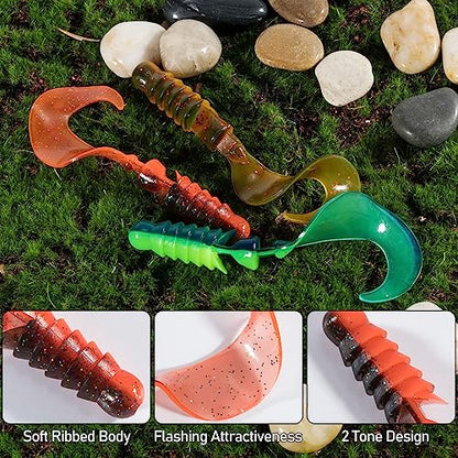 Dr.Fish 10 Pack Grub Fishing Lures 4" Soft Plastic Baits Worm Grub Bass Fishing Lures Swimbait Walleye Saltwater Freshwater - color: Chartreuse Blue