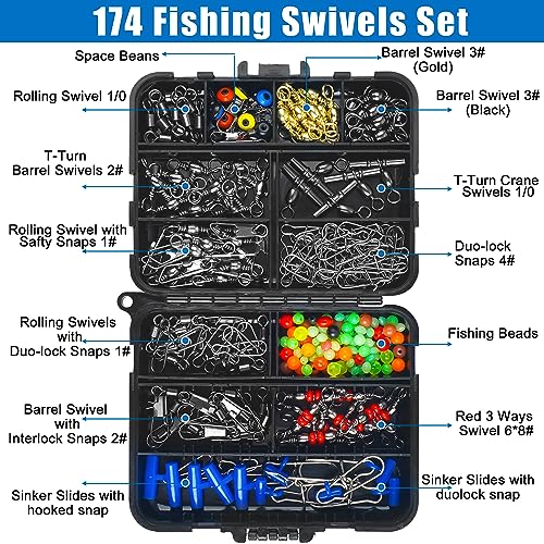 SILANON Fishing Swivels Tackle Kit, 174pcs Include Barrel Swivels,Sinker Slides,3 Way Swivels,Duo Lock Snaps,Barrel Snap Swivels Fishing Tackle Box Set for Bass Trout Saltwater Freshwater - style: 174pcs Kit