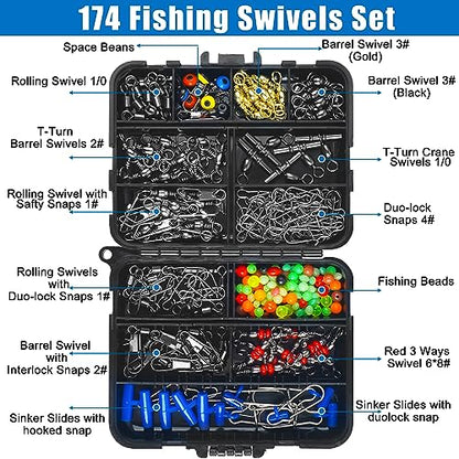 SILANON Fishing Swivels Tackle Kit, 174pcs Include Barrel Swivels,Sinker Slides,3 Way Swivels,Duo Lock Snaps,Barrel Snap Swivels Fishing Tackle Box Set for Bass Trout Saltwater Freshwater - style: 174pcs Kit