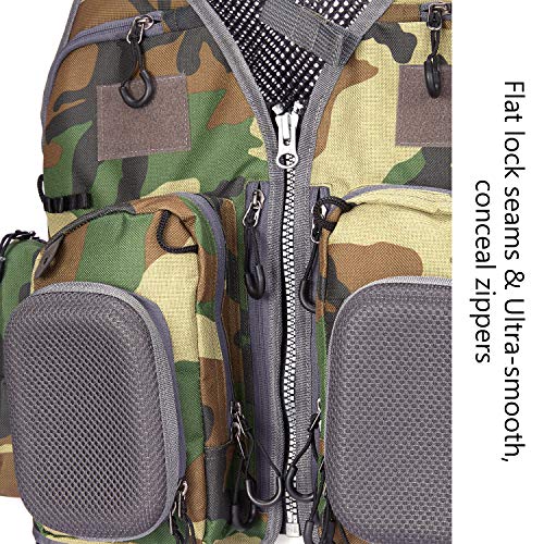 BASSDASH Strap Fishing Vest Adjustable for Men and Women, for Fly Bass Fishing and Outdoor Activities - color: F22 - Green Camo