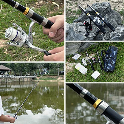 Telescopic Fishing Rod Reel Combo 2PCS 6.89FT Collapsible Fishing Pole Spinning Reel Lures Accessories with Fishing Bag Portable Fishing Rod Kit for Saltwater Freshwater Travel Fishermen Gift - color: Black