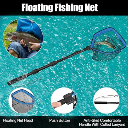 Yeahmart Floating Fishing Net Foldable Landing Net with Pole Handle, Blue | Portable Fishing Gear with Rubber Coated Mesh & Aluminum Handle for Kayak, Fly, Trout, Steelhead, Salmon, Bass Fishing - size: 39.3" Total Length (Telescopic Handle)