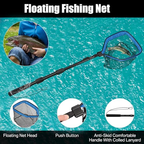 Yeahmart Floating Fishing Net Foldable Landing Net with Pole Handle, Blue | Portable Fishing Gear with Rubber Coated Mesh & Aluminum Handle for Kayak, Fly, Trout, Steelhead, Salmon, Bass Fishing - size: 39.3" Total Length (Telescopic Handle)