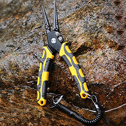 Sougayilang Fishing Pliers,Sheath and Lanyard Tungsten Carbide Cutters,420 Stainless Steel Fishing Tools,Saltwater Resistant Fishing Gear with Rubber Handle-7.5'' Split Ring Nose - Yellow - color: 7.5'' Split Ring Nose-yellow