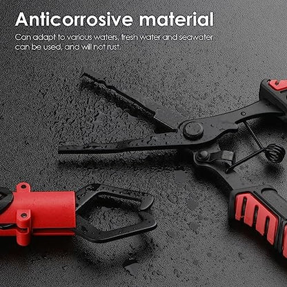 mouhike Fishing Pliers Fish Lip Gripper Fishing Tool Kit Muti-Function Saltwater Fishing Line Cutter Hook Remover with Sheath Lanyard, Fly Ice Fishing Gear Fishing Gifts for Men Women - color: Red & Black