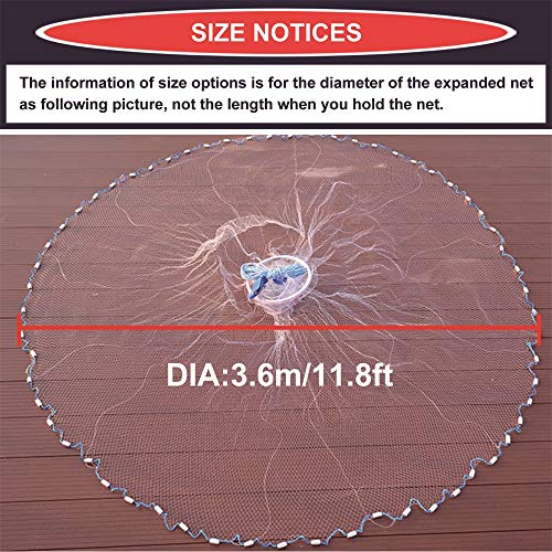 Cast Fishing Net with Aluminum Frame, 0.8 inch Mesh, 7.8-13.8 ft Diameter - color: White, size: Dia: 11.8FT (metal sinker)