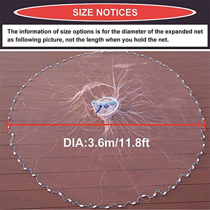 Cast Fishing Net with Aluminum Frame, 0.8 inch Mesh, 7.8-13.8 ft Diameter - color: White, size: Dia: 11.8FT (metal sinker)