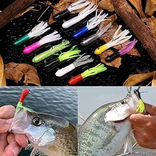 Crappie Jigs Kit with Tube Baits, 120pcs Soft Plastic Crappie Lures (12 Colors) & 10 Jig Heads for Panfish & Trout Fishing - color: Classic Crappie Tube Kit 130-Piece