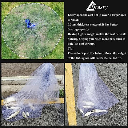 Drasry Saltwater Fishing Cast Net for Bait 3/8 1/4 or 1/2 with Heavy Sinkers Fish Trap Throw Net. Size 3ft/4ft/5ft/6ft/7ft/8ft/9ft/10ft Radius Freshwater Nets - size: 6FT (180cm) Radius, style: Lead Sinkers-3/8mesh-0.3mm Mono