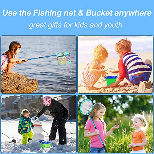 Kids Fishing Net - Telescopic Landing Net with Aluminum Pole Handle, Collapsible Bucket Sand Pail, Butterfly Net for Outdoor Play - color: Blue