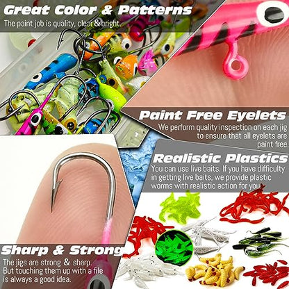 150/160/170Pcs Ice Fishing Jigs Lures Soft Plastic Worm Baits Kit, Micro Glow Winter Jig Heads Hooks for Walleye Crappie Panfish Trout, Ice Fishing Gear Equipment Tackle Accessories