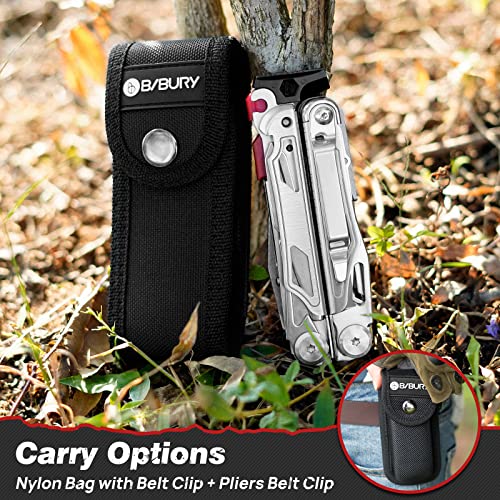 BIBURY Multitool Pliers BI2038B, 22-in-1 Stainless Steel Multi Tool with Flint, Window Breaker, Scissors, Back Clip, Folding Pocket Multifunctional Self-locking EDC Tool for Survival Camping Hiking - size: 22-IN-1