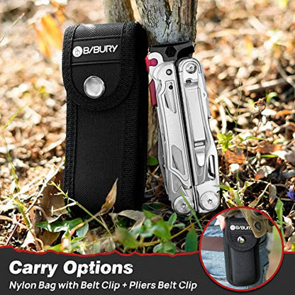 BIBURY Multitool Pliers BI2038B, 22-in-1 Stainless Steel Multi Tool with Flint, Window Breaker, Scissors, Back Clip, Folding Pocket Multifunctional Self-locking EDC Tool for Survival Camping Hiking - size: 22-IN-1