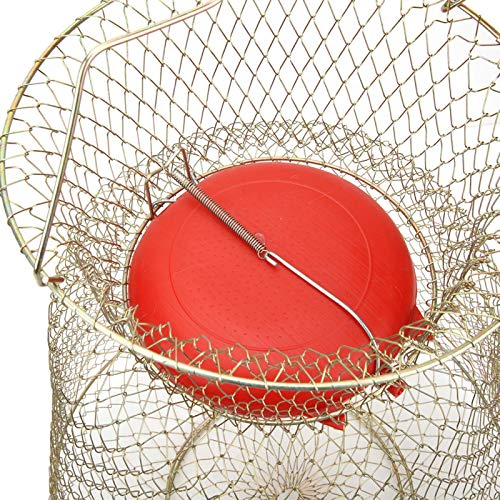Floating Fish Basket, Sturdy Stainless Steel Collapsible Fishing Net Cage with Spring Door, Portable Foldable Round Metal Fish Trap for Shrimp Crab Trout Outdoor Fishing