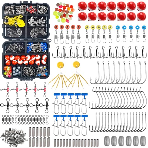 Fishing Tackle Kit,286pcs Fishing Hook Bobber Box Kit with Fishing Bobbers,Various Fish Hooks,Weights,Swivel Snaps,Brass Sleeves,Sinker Slides Starter Kit for Artificial and Live Baits Trout Panfish