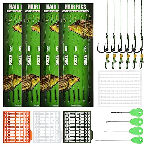 Carp Fishing Hair Rig Kits,26pcs/30pcs Sets Curved Barbed Carp Hook Swivel Boilies Bait Stops and Stringers Needle Fishing Bait Rigs Braided Thread Line Carps Fishing Accessories - color: Size 6# Kit(3 Packs) - 26pcs