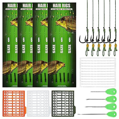 Carp Fishing Hair Rig Kits,26pcs/30pcs Sets Curved Barbed Carp Hook Swivel Boilies Bait Stops and Stringers Needle Fishing Bait Rigs Braided Thread Line Carps Fishing Accessories - color: Size 6# Kit(3 Packs) - 26pcs