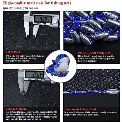 Drasry Saltwater Fishing Cast Net for Bait 3/8 1/4 or 1/2 with Heavy Sinkers Fish Trap Throw Net. Size 3ft/4ft/5ft/6ft/7ft/8ft/9ft/10ft Radius Freshwater Nets - size: 7FT (210cm) Radius, style: Lead Sinkers-3/8mesh-0.3mm Mono