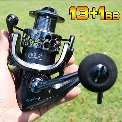 Sougayilang Fishing Reel 13+1BB Light Weight Ultra Smooth Aluminum Spinning Fishing Reel with Free Spare Graphite Spool - color: Silver, Black, size: XY1000