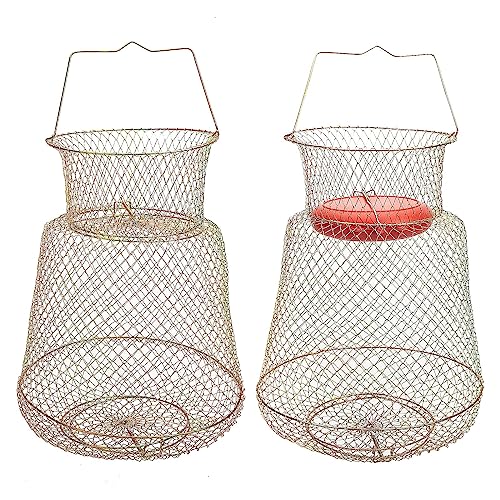 Floating Fish Basket, Sturdy Stainless Steel Collapsible Fishing Net Cage with Spring Door, Portable Foldable Round Metal Fish Trap for Shrimp Crab Trout Outdoor Fishing