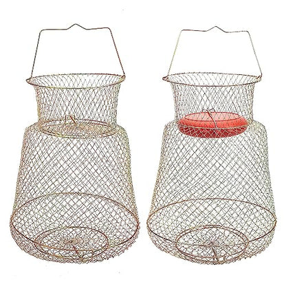 Floating Fish Basket, Sturdy Stainless Steel Collapsible Fishing Net Cage with Spring Door, Portable Foldable Round Metal Fish Trap for Shrimp Crab Trout Outdoor Fishing
