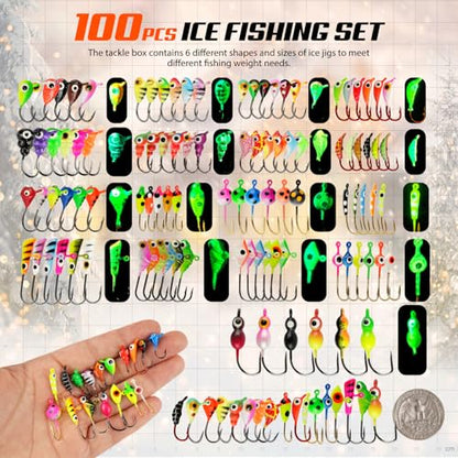 Ice Fishing Jigs Kit, 36/60/100pcs Micro Jig Heads Lures Hook Set for Winter Ice Jigging, Panfish, Perch, Trout, Bluegill, Walleye, Crappie Ice Fishing Lures Hooks Set with Storage Box - color: C -100pcs Ice fishing jigs (17 Style)