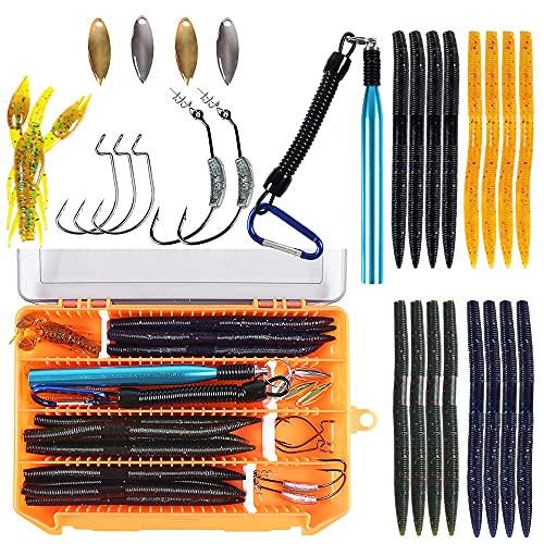 Soft Plastic Bass Fishing Lure 5.3" Senko Style Worms-Salt Impregnation, Ribbed Design Slow Sinking Swimbaits - color: 27pcs Wacky Worm kit