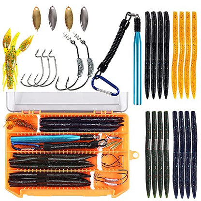 Soft Plastic Bass Fishing Lure 5.3" Senko Style Worms-Salt Impregnation, Ribbed Design Slow Sinking Swimbaits - color: 27pcs Wacky Worm kit