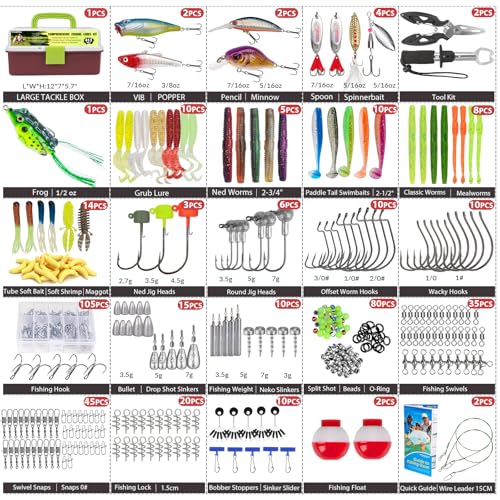 THKFISH Fishing Lures Kit, Bass Fishing Gear Kit for Freshwater Tackle Box with Tackle Included Topwater Baits, Swimbaits, Frog, Fsihing Bait Accessories Gift for Men - color: 413pcs Tackle Box Kit